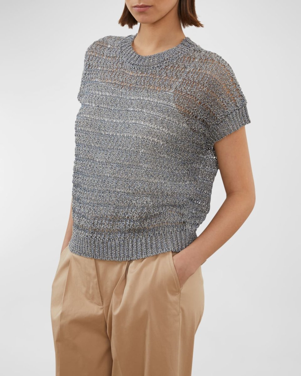 Short-Sleeve Crewneck Open-Stitch Sweater